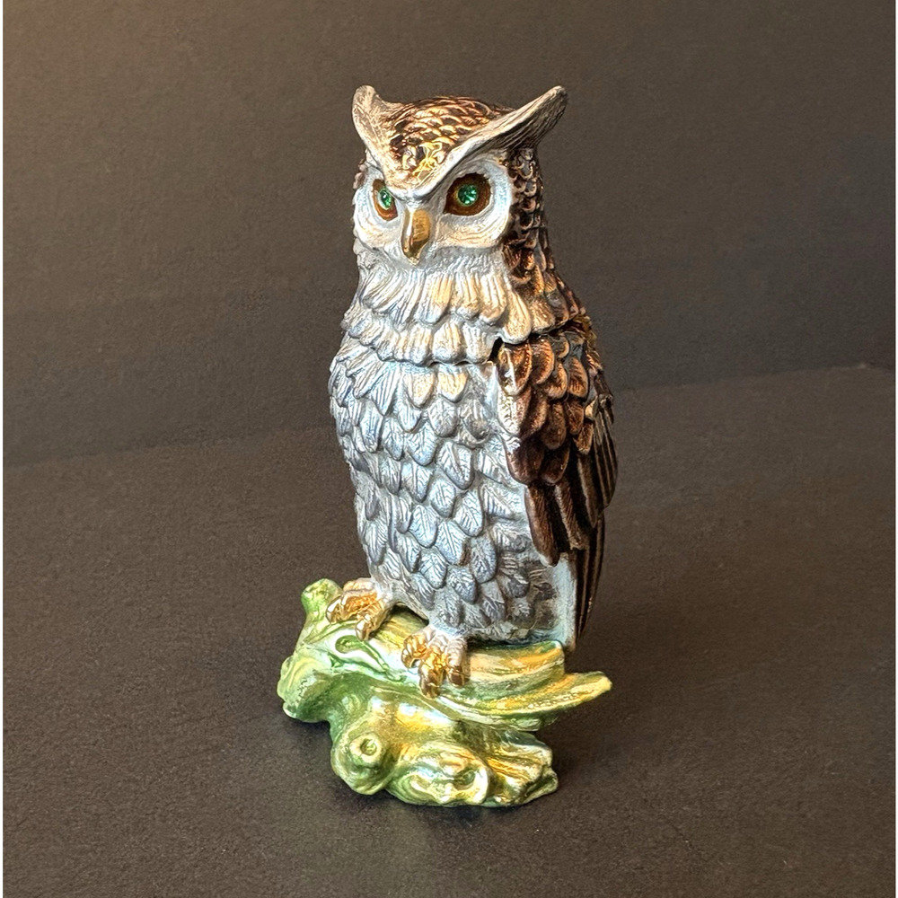 Rucinni Owl Jeweled Magnetic Hinged Trinket Box Green Eyes 3"